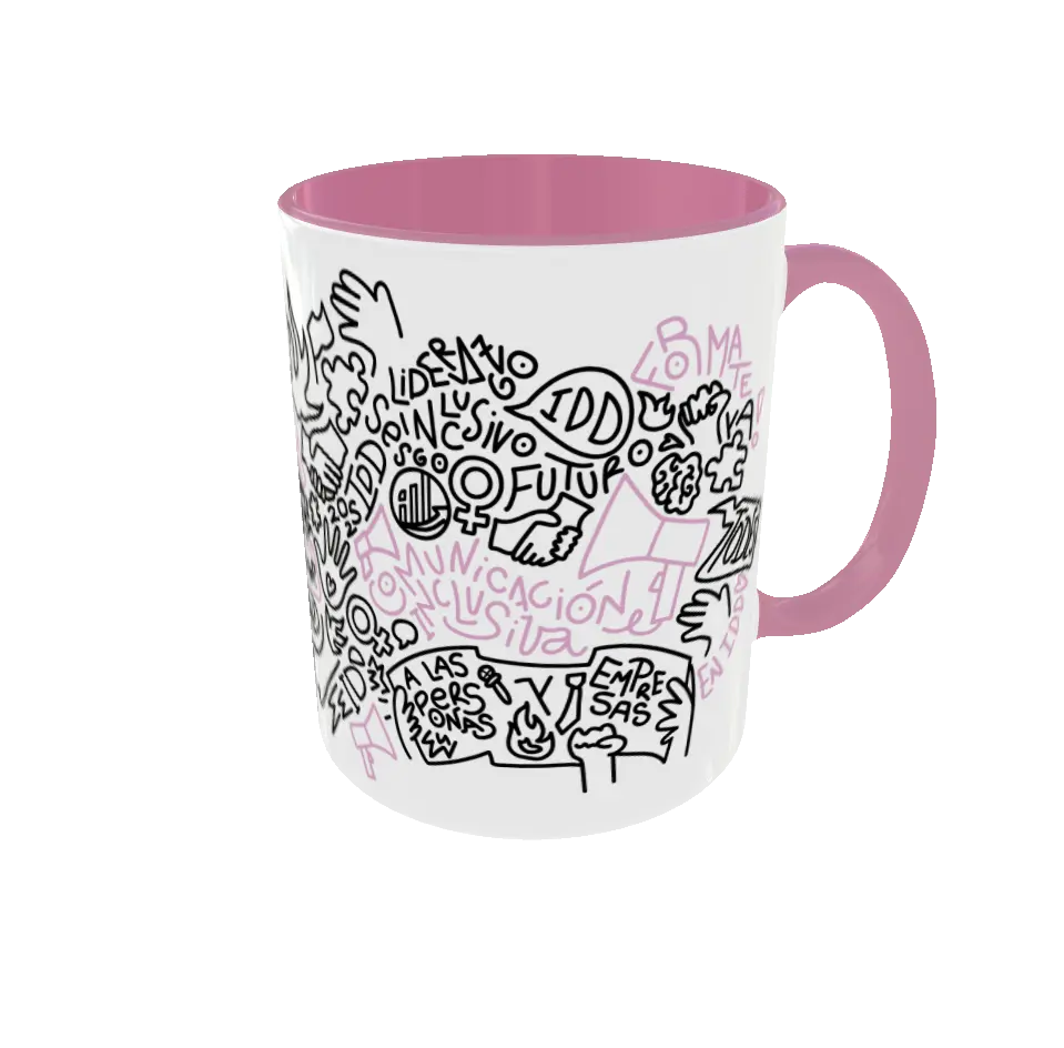 Taza rosa DIVERSIDD sobre comunicación inclusiva